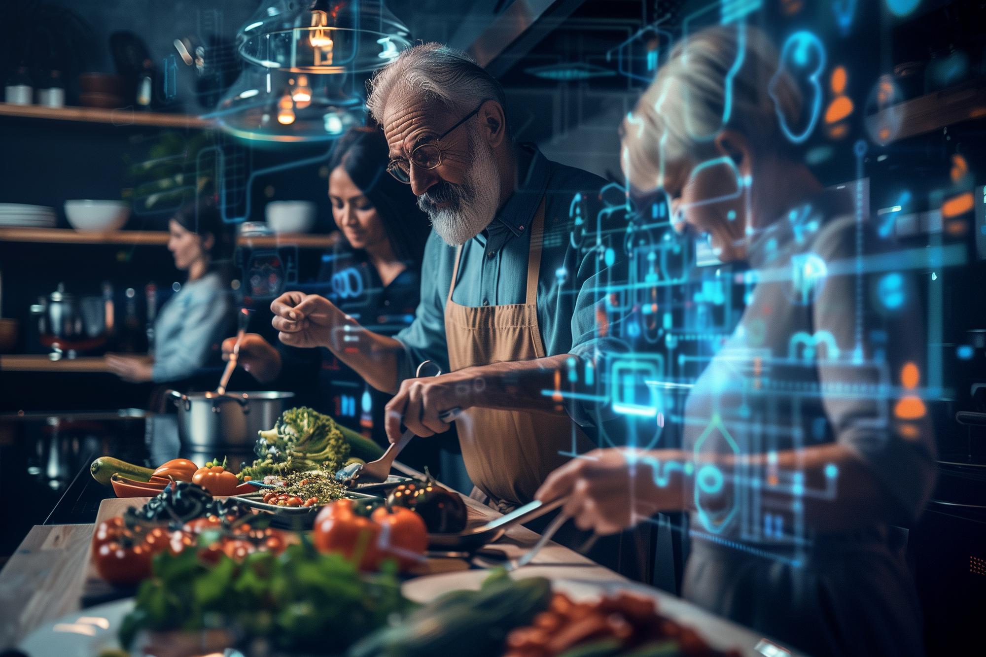 Komanda dirba virtuvėje su technologijomis